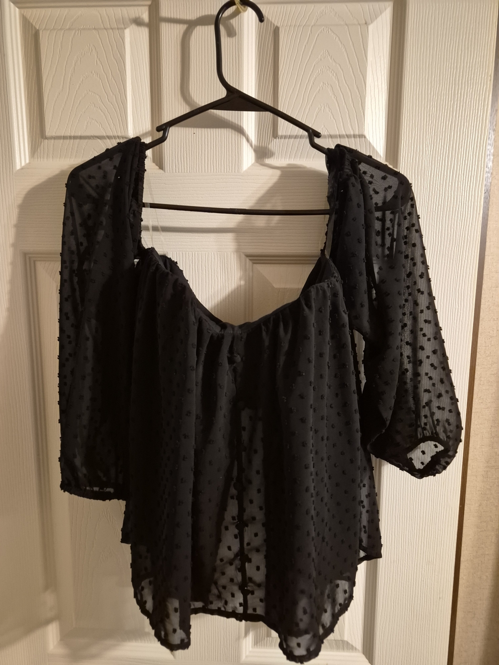 Shinestar Black Swiss Dot Peasant Top